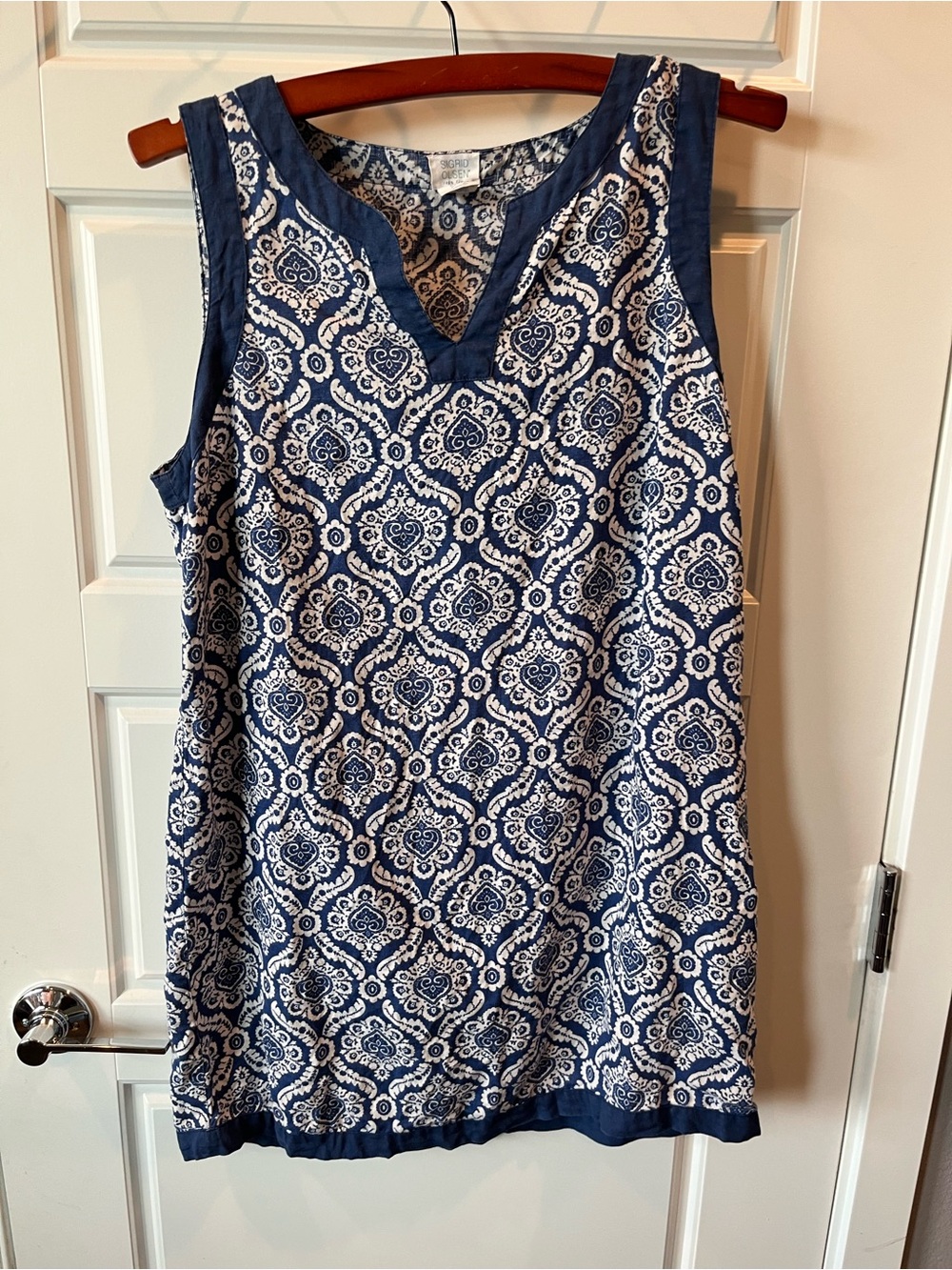 Sigrid Olsen Navy and White Printed Linen V-Neck Dress